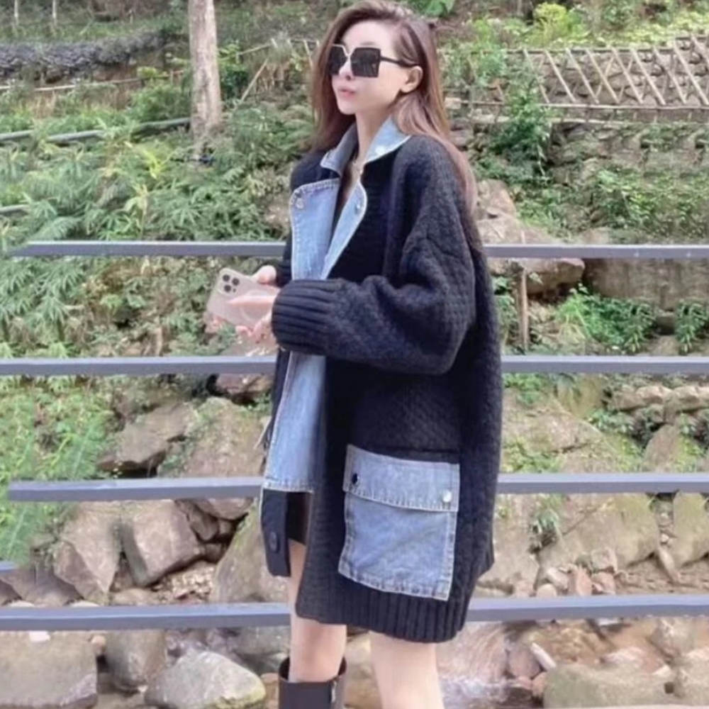 Denim stitched cardigan dark gray